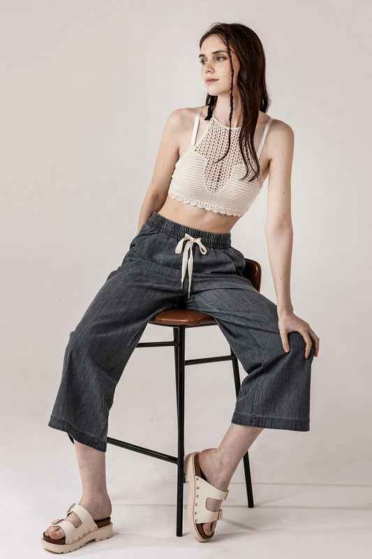 Plus Denim Wide Leg Crop Pants with Dolphine Tail