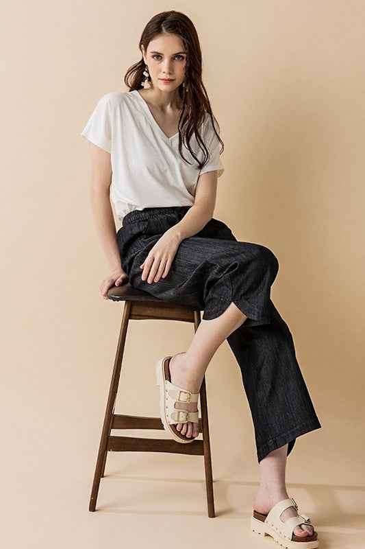 Plus Denim Wide Leg Crop Pants with Dolphine Tail