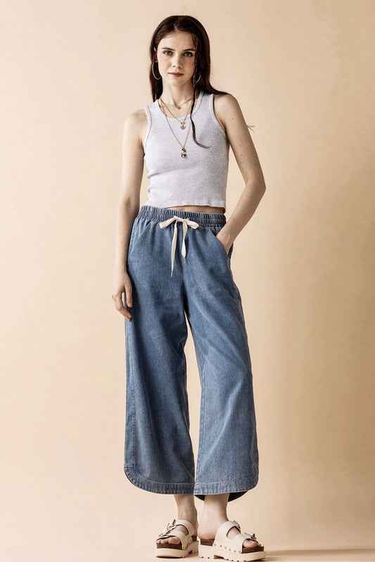 Plus Denim Wide Leg Crop Pants with Dolphine Tail