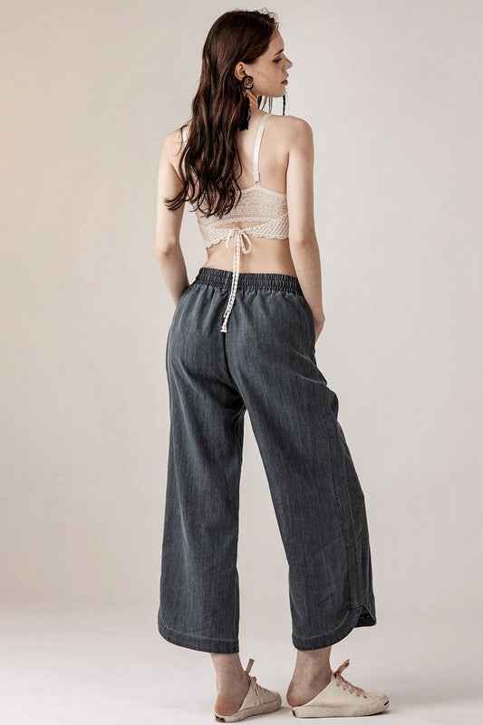Plus Denim Wide Leg Crop Pants with Dolphine Tail