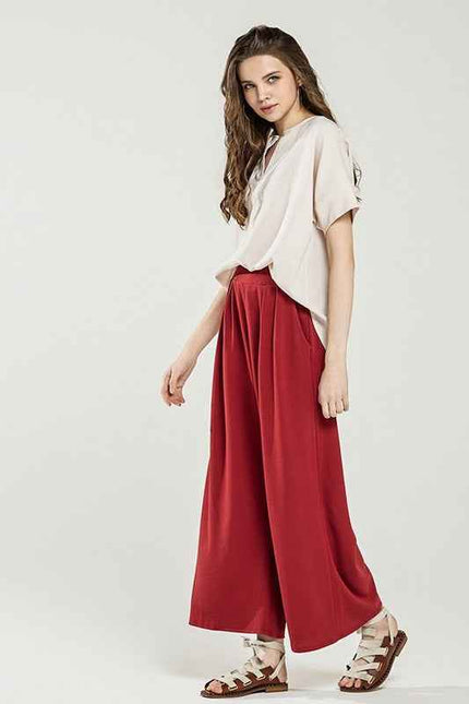 Stretch Crepe High Waist Tuck Wide Leg Pants