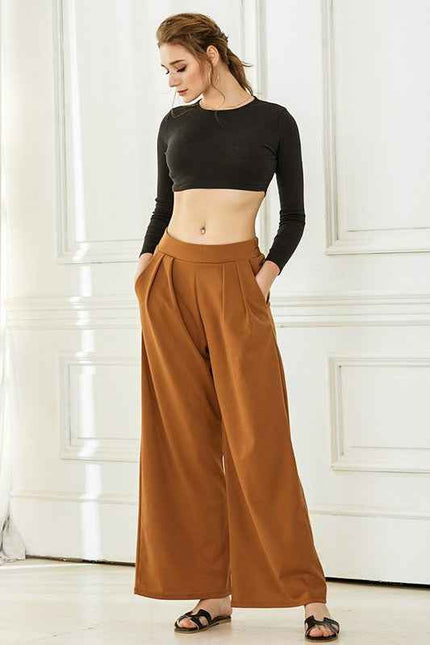 Stretch Crepe High Waist Tuck Wide Leg Pants