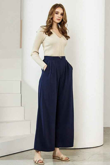 Stretch Crepe High Waist Tuck Wide Leg Pants