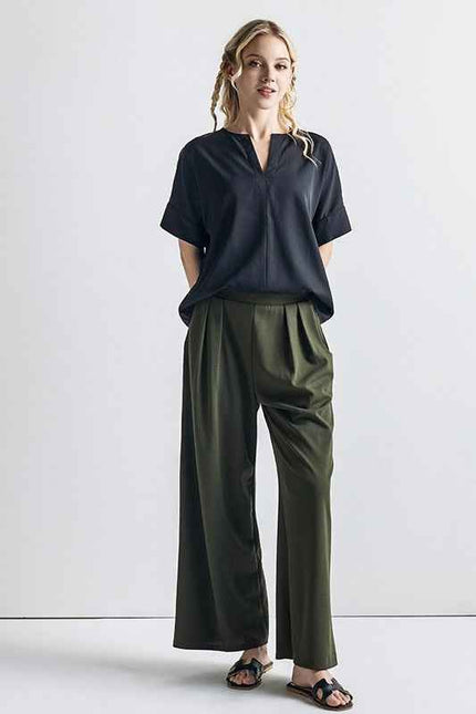 Stretch Crepe High Waist Tuck Wide Leg Pants