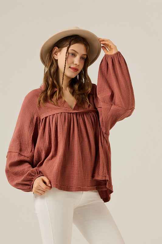 Plus V-neck Bubble Slv Cotton gauze Babydoll Top