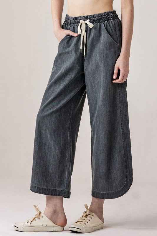 Denim Wide Leg Crop Pants with Dolphine Tail Hem