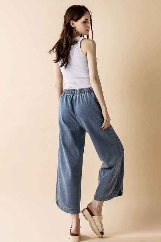 Denim Wide Leg Crop Pants with Dolphine Tail Hem