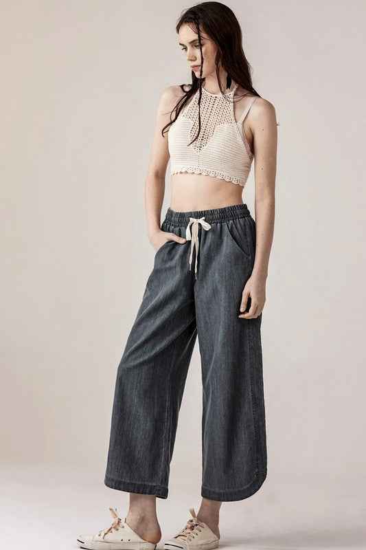 Denim Wide Leg Crop Pants with Dolphine Tail Hem