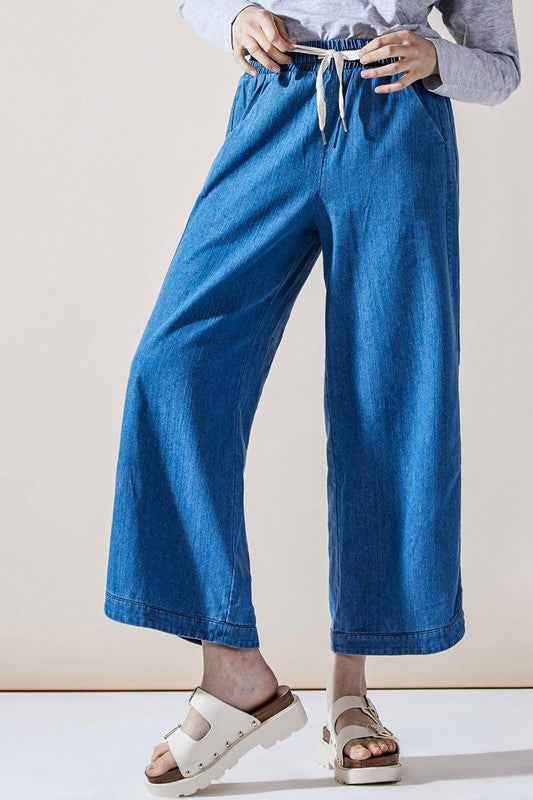 Denim Wide Leg Crop Pants with Dolphine Tail Hem