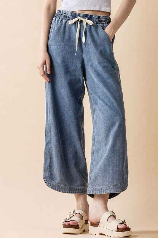 Denim Wide Leg Crop Pants with Dolphine Tail Hem