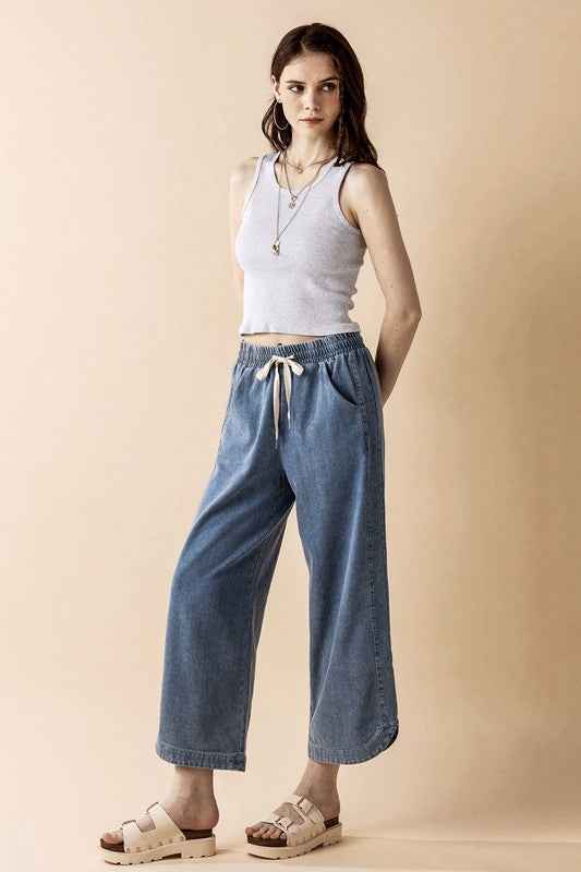 Denim Wide Leg Crop Pants with Dolphine Tail Hem