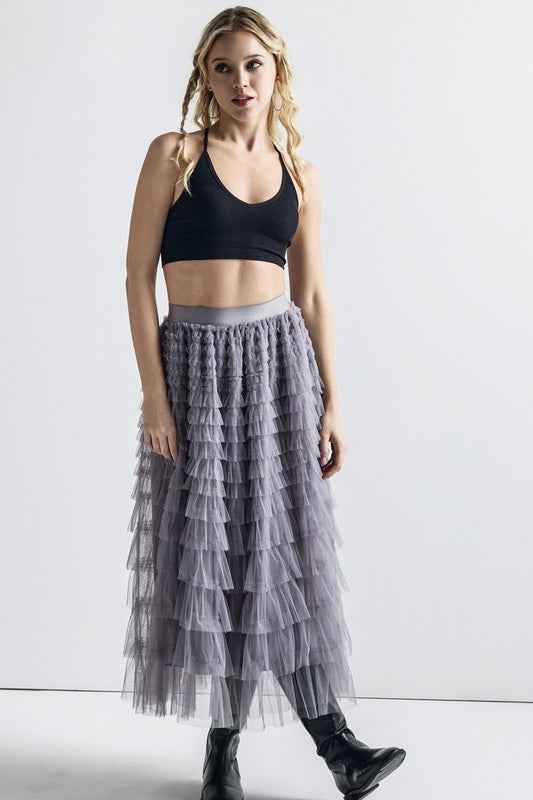 A-Line Tiered Layered Tulle Mesh Maxi Skirt