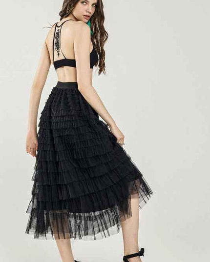A-Line Tiered Layered Tulle Mesh Maxi Skirt