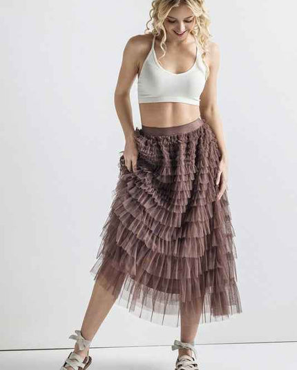 A-Line Tiered Layered Tulle Mesh Maxi Skirt