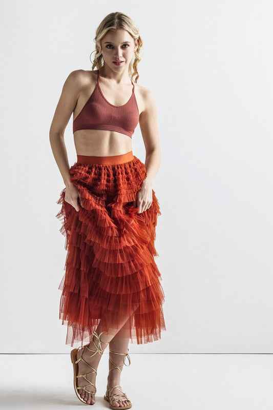 A-Line Tiered Layered Tulle Mesh Maxi Skirt