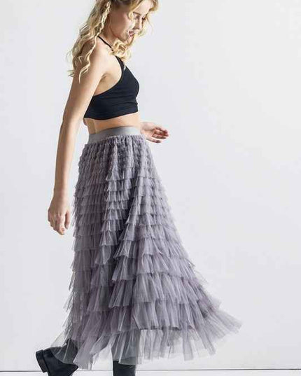 A-Line Tiered Layered Tulle Mesh Maxi Skirt