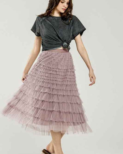 A-Line Tiered Layered Tulle Mesh Maxi Skirt
