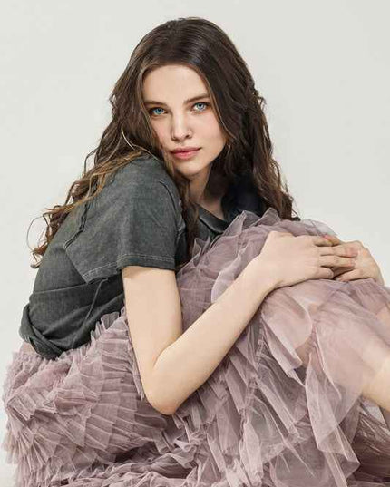 A-Line Tiered Layered Tulle Mesh Maxi Skirt