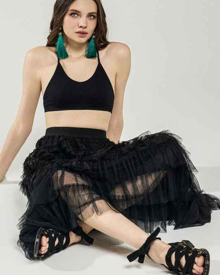 A-Line Tiered Layered Tulle Mesh Maxi Skirt