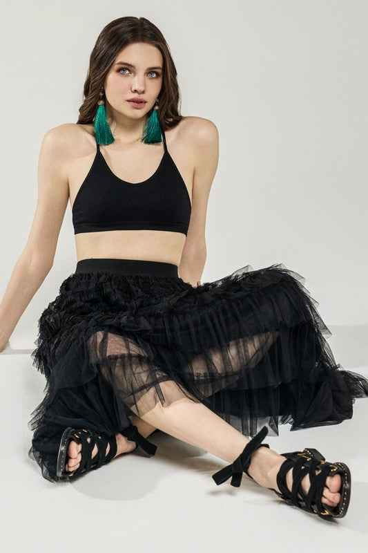 A-Line Tiered Layered Tulle Mesh Maxi Skirt