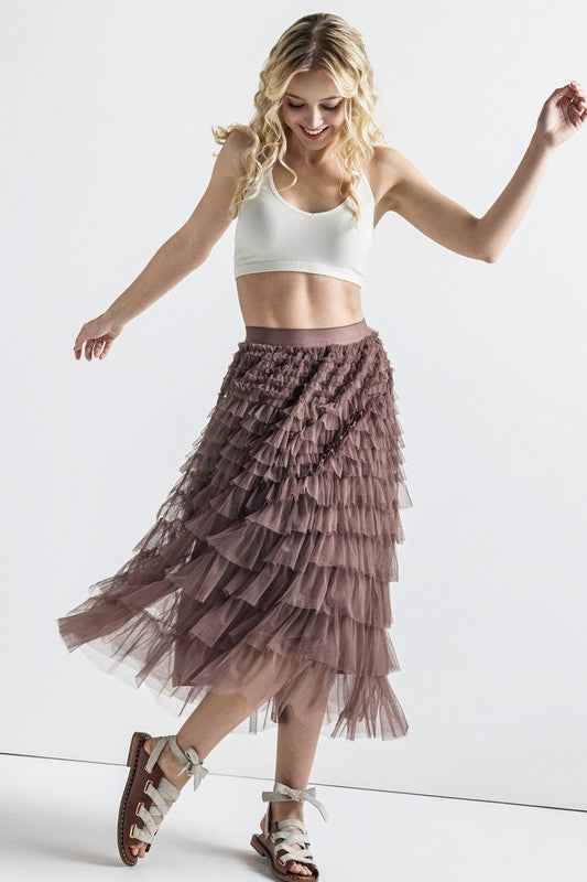 A-Line Tiered Layered Tulle Mesh Maxi Skirt