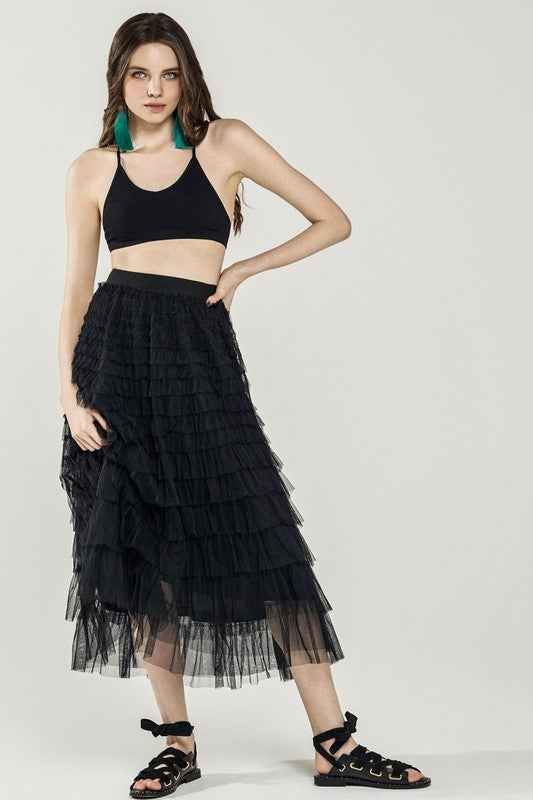 A-Line Tiered Layered Tulle Mesh Maxi Skirt