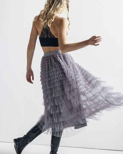 A-Line Tiered Layered Tulle Mesh Maxi Skirt