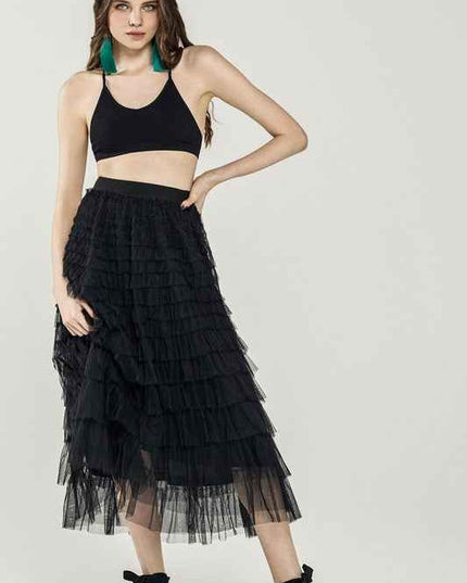 A-Line Tiered Layered Tulle Mesh Maxi Skirt