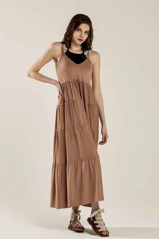 Flowy Knit V-neck Ruffle Tiers Knit Maxi Dress