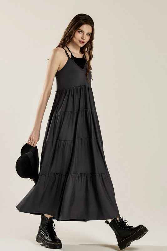 Flowy Knit V-neck Ruffle Tiers Knit Maxi Dress