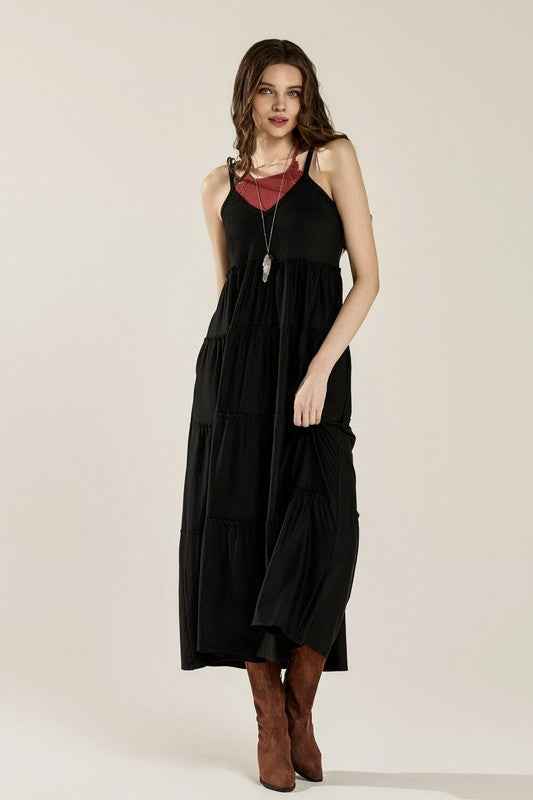 Flowy Knit V-neck Ruffle Tiers Knit Maxi Dress