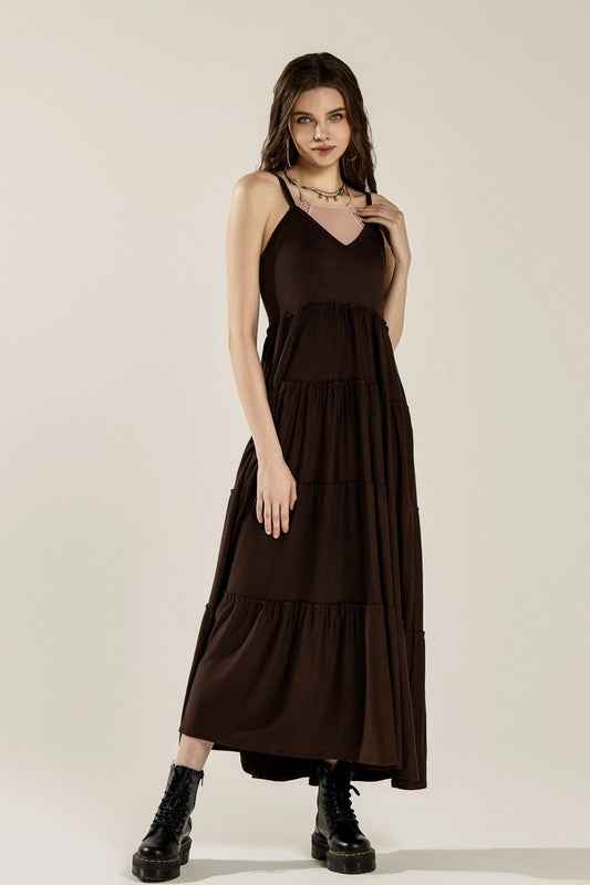 Flowy Knit V-neck Ruffle Tiers Knit Maxi Dress