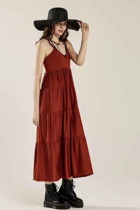 Flowy Knit V-neck Ruffle Tiers Knit Maxi Dress