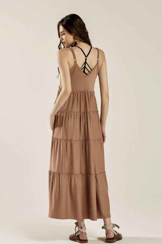 Flowy Knit V-neck Ruffle Tiers Knit Maxi Dress