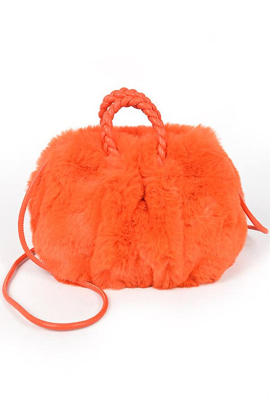 Braided Handle Faux Fur Plushy Bag