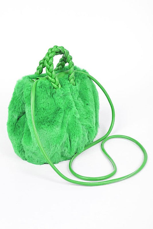 Braided Handle Faux Fur Plushy Bag