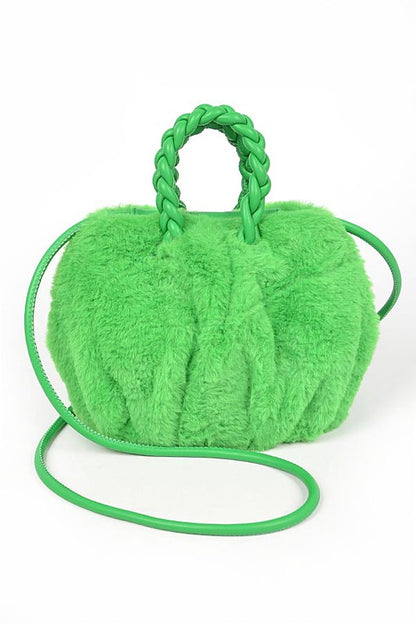 Braided Handle Faux Fur Plushy Bag