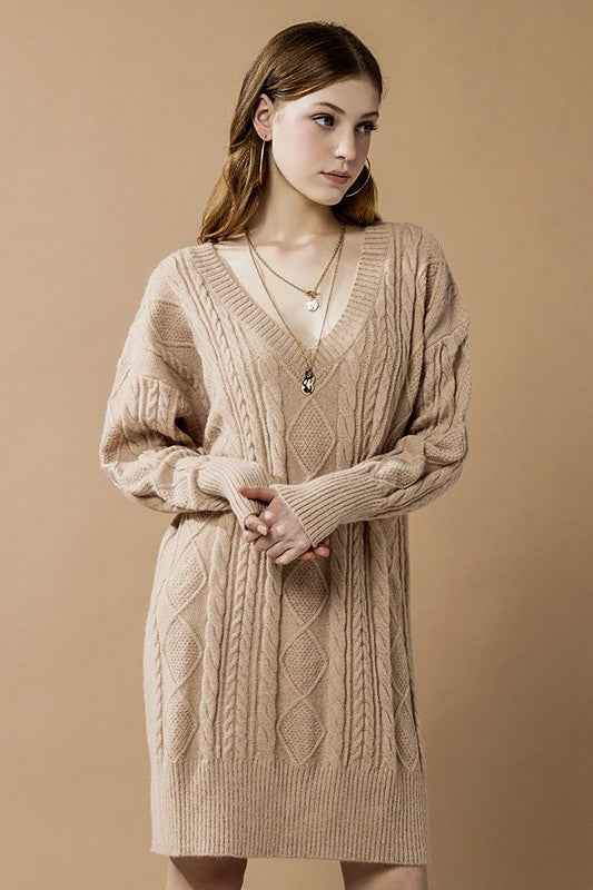 V-Neck Ribbed Hem Cable Knit Sweater Dress