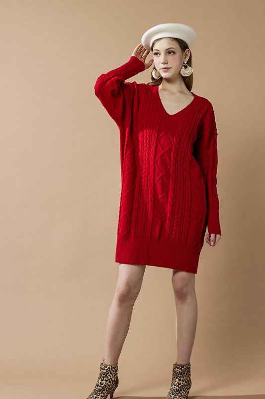 V-Neck Ribbed Hem Cable Knit Sweater Dress