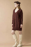 V-Neck Ribbed Hem Cable Knit Sweater Dress