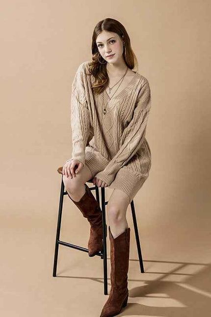 V-Neck Ribbed Hem Cable Knit Sweater Dress