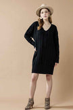 V-Neck Ribbed Hem Cable Knit Sweater Dress