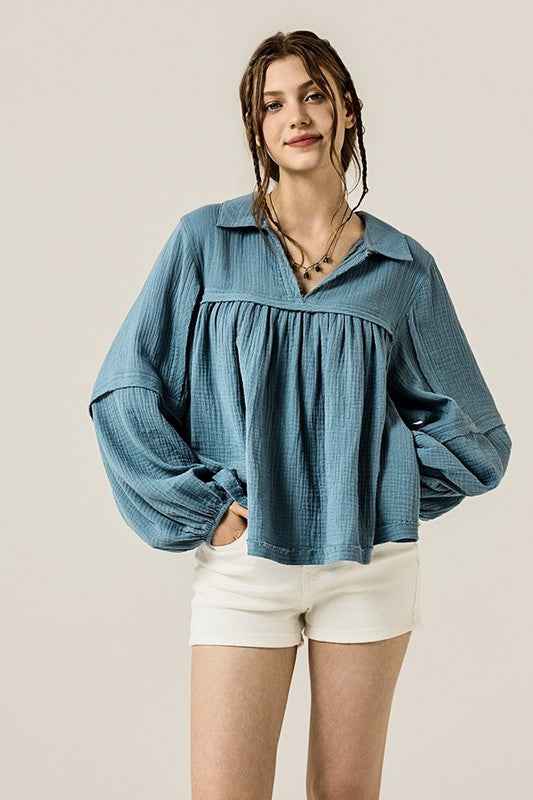 V-neck Bubble Sleeve Cotton gauze Babydoll Top