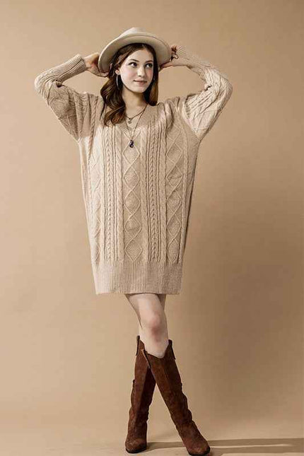 V-Neck Ribbed Hem Cable Knit Sweater Dress