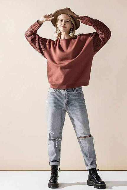 Cozy Solid Body Contrast Cable Knit Sweater