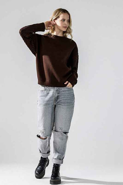 Cozy Solid Body Contrast Cable Knit Sweater