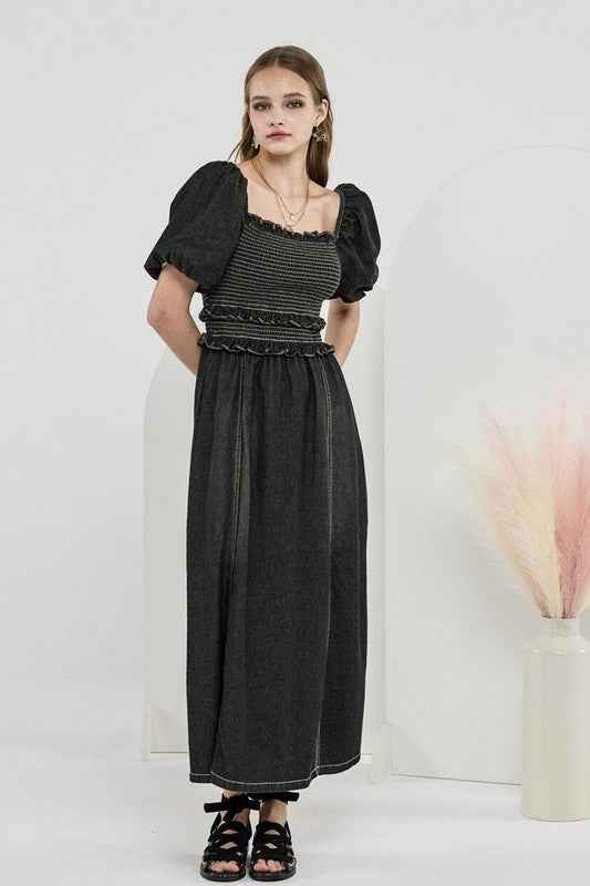 Denim Off Shoulder Puff Sleeves Smocked Dress