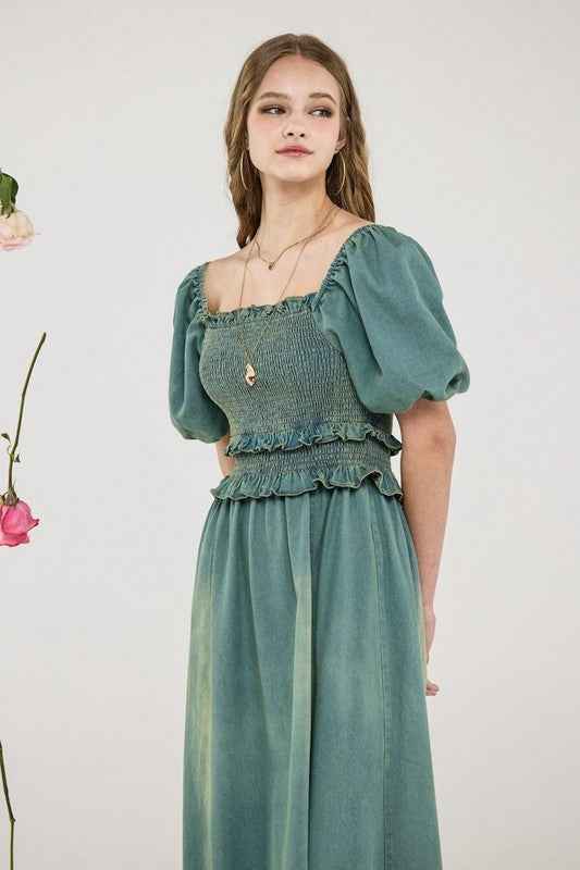 Denim Off Shoulder Puff Sleeves Smocked Dress