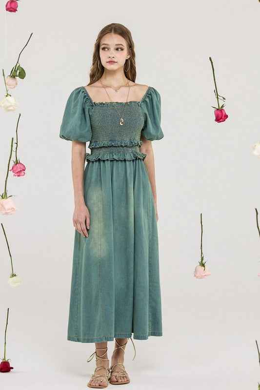 Denim Off Shoulder Puff Sleeves Smocked Dress
