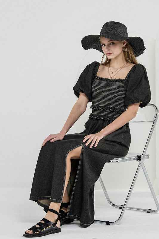 Denim Off Shoulder Puff Sleeves Smocked Dress